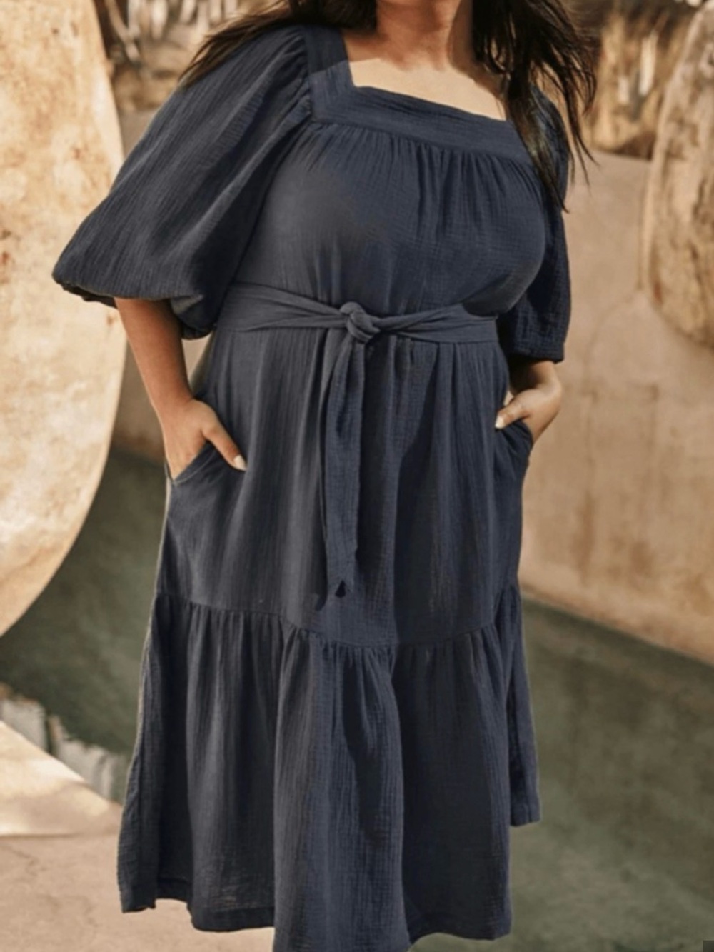 summersalt Blue Square-Neck Tiered Midi Dress with Tie Waist